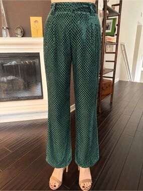 Anthropologie Maeve Emerald Green Velvet Burnout Wide-Leg Textured Pants Size 8